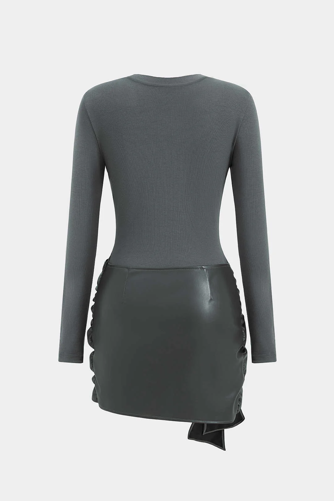Faux Leather Patchwork Tie Front Round Neck Ruched Mini Dress - Image 14