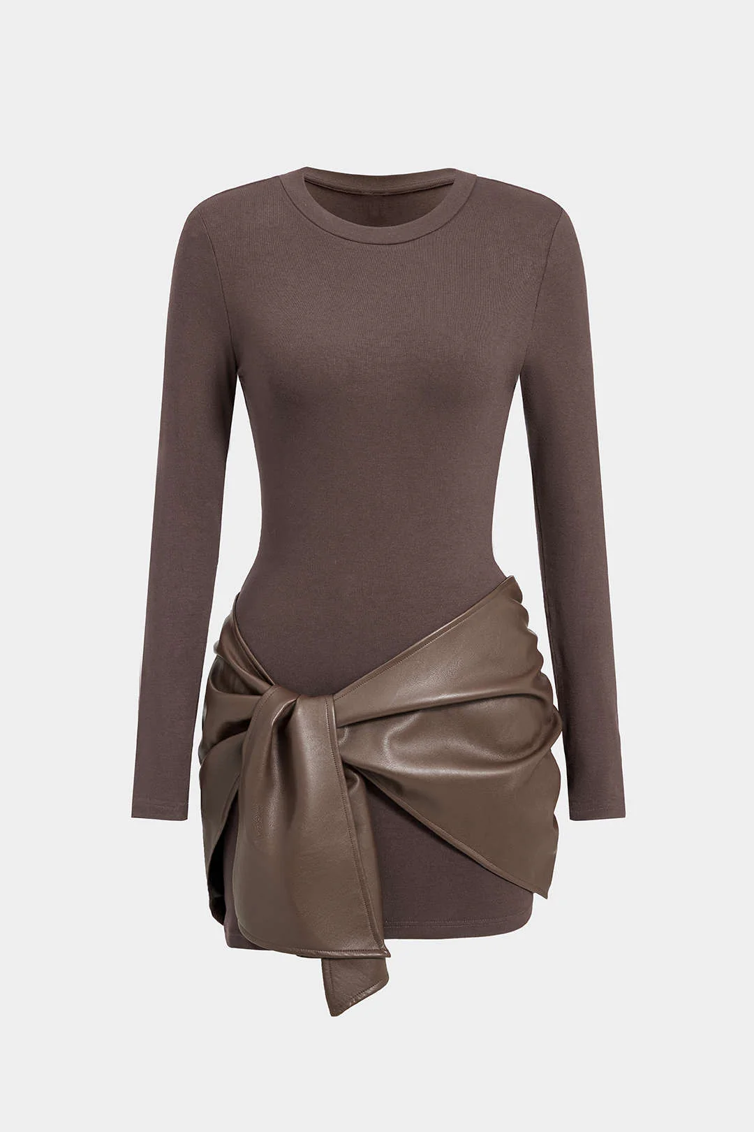Faux Leather Patchwork Tie Front Round Neck Ruched Mini Dress - Image 17