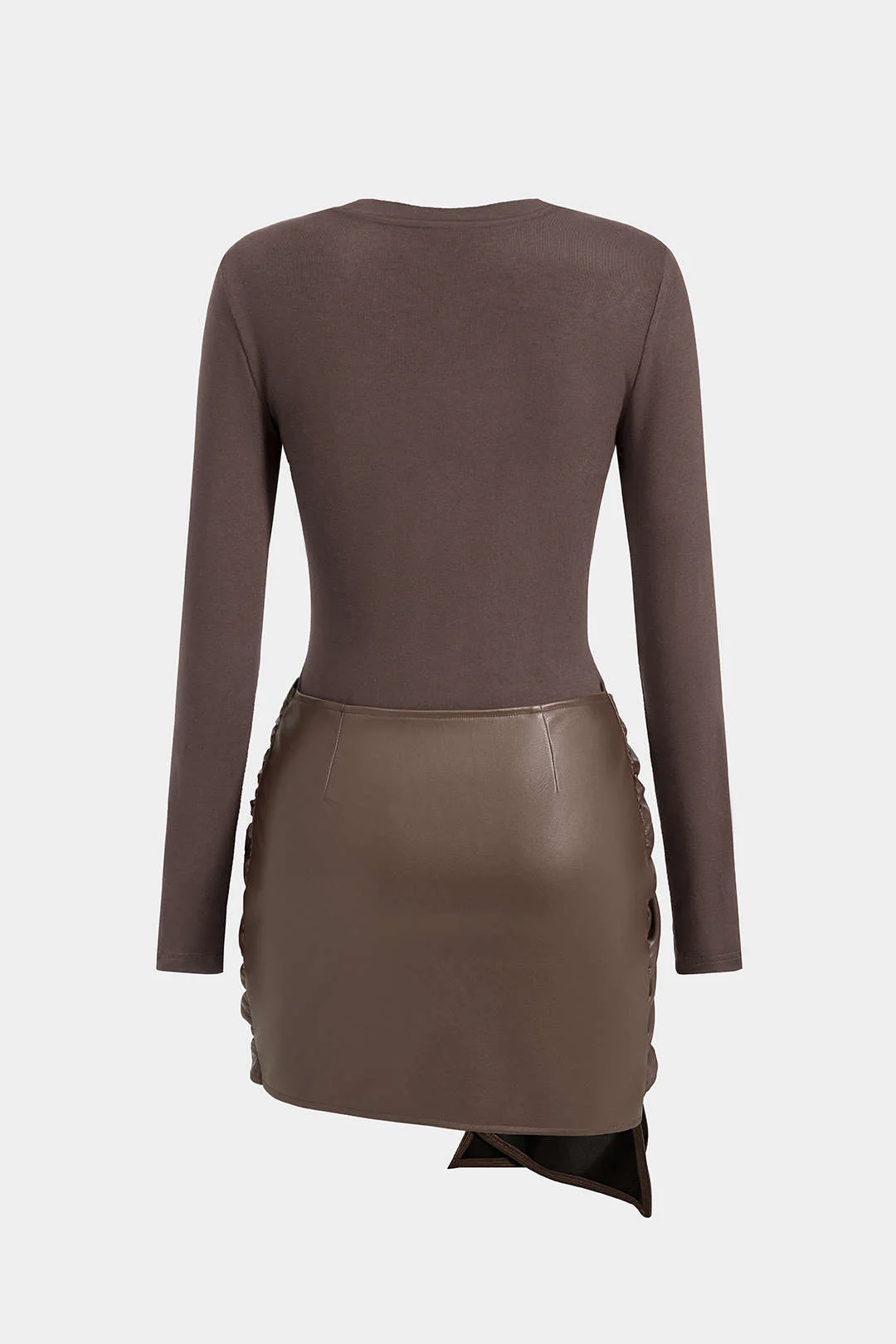 Faux Leather Patchwork Tie Front Round Neck Ruched Mini Dress - Image 18