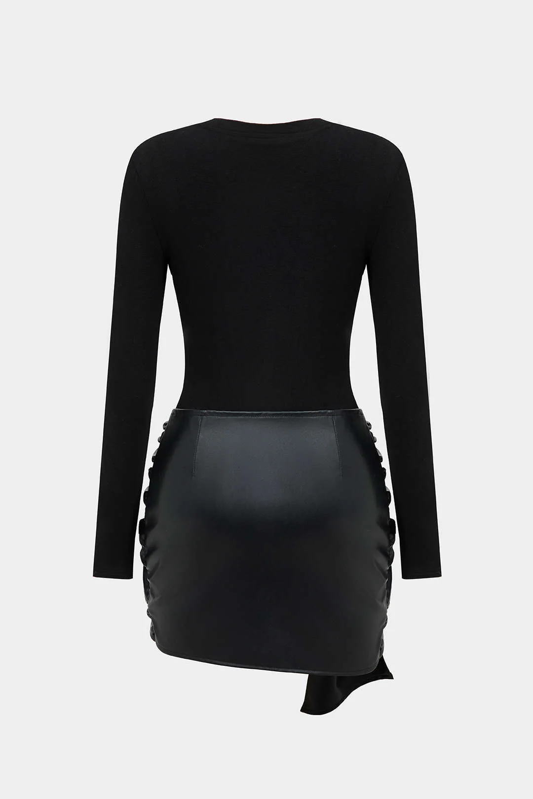 Faux Leather Patchwork Tie Front Round Neck Ruched Mini Dress - Image 2