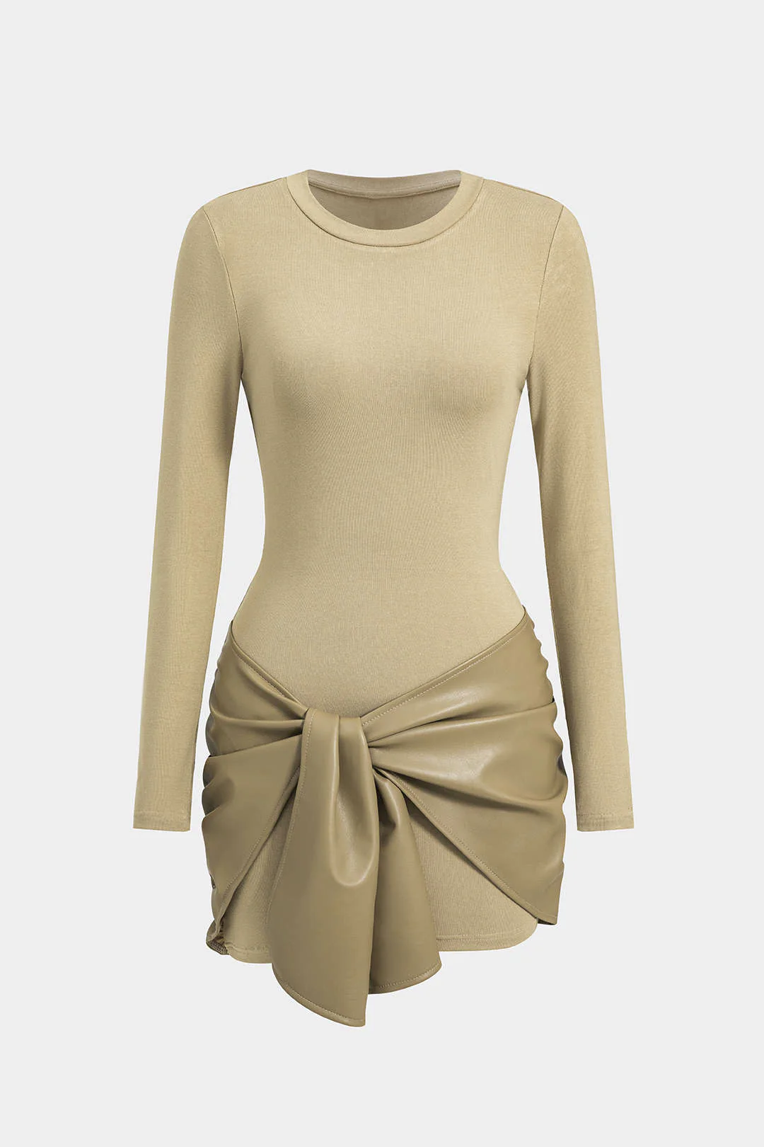 Faux Leather Patchwork Tie Front Round Neck Ruched Mini Dress - Image 5