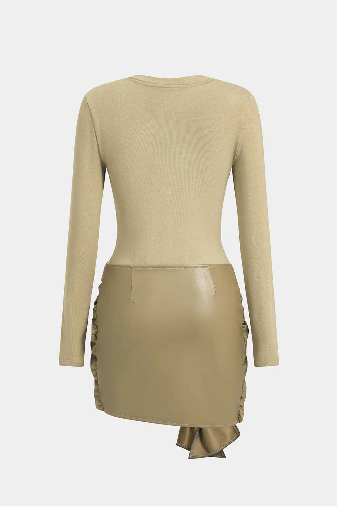 Faux Leather Patchwork Tie Front Round Neck Ruched Mini Dress - Image 6