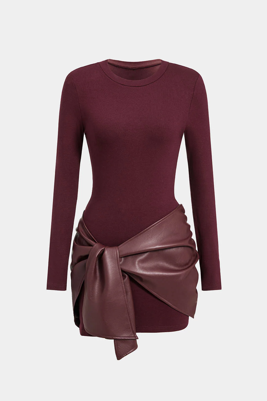 Faux Leather Patchwork Tie Front Round Neck Ruched Mini Dress - Image 9