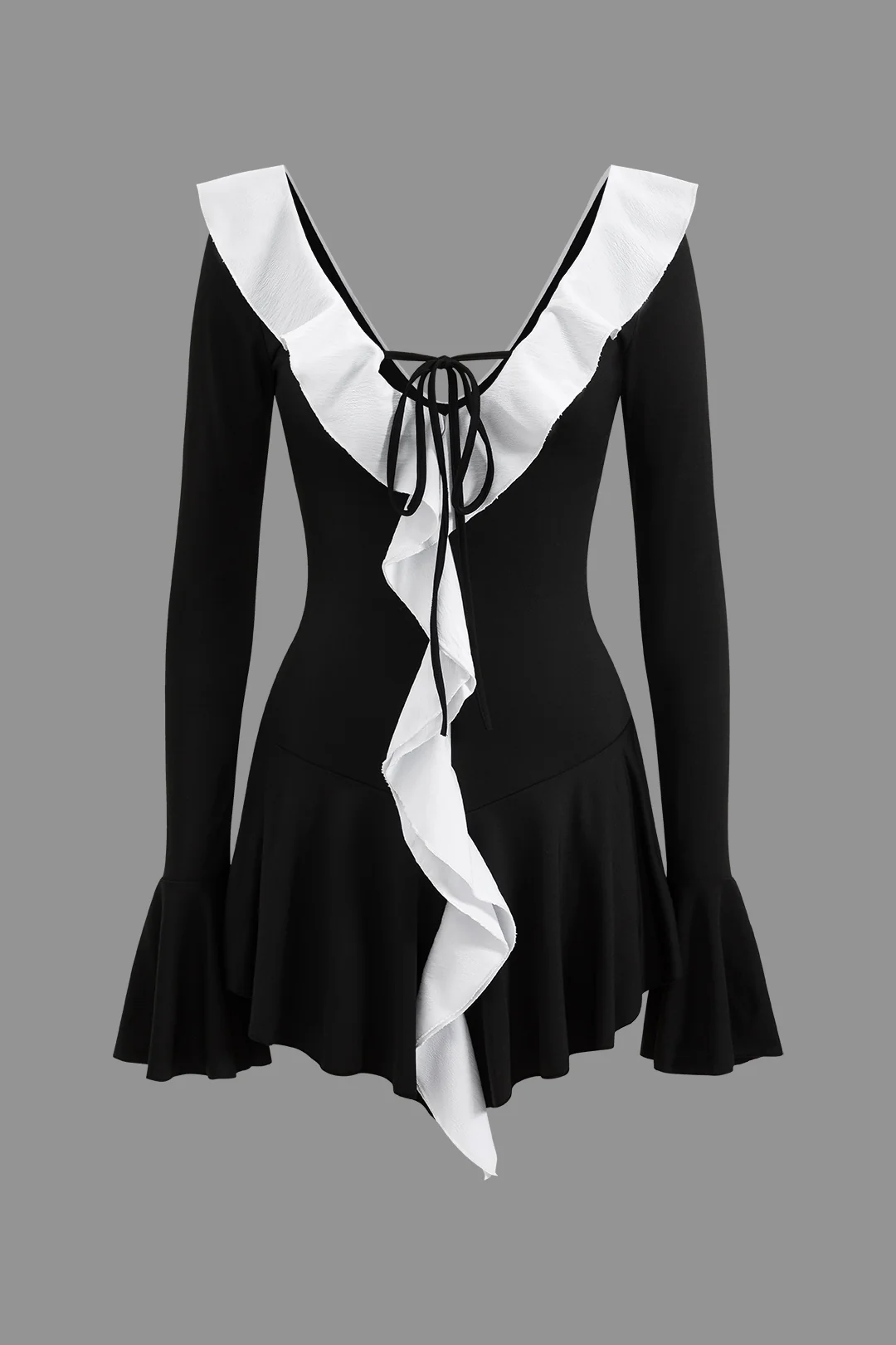 Contrast Ruffle Neck Tie Front Bell Sleeve Mini Dress - Image 2