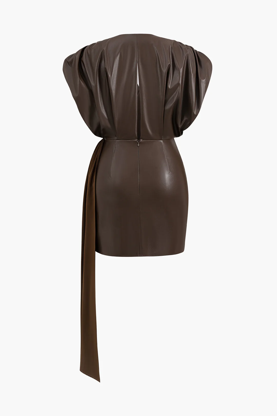 Faux Leather Ruched Zipper V-Neck Mini Dress - Image 2