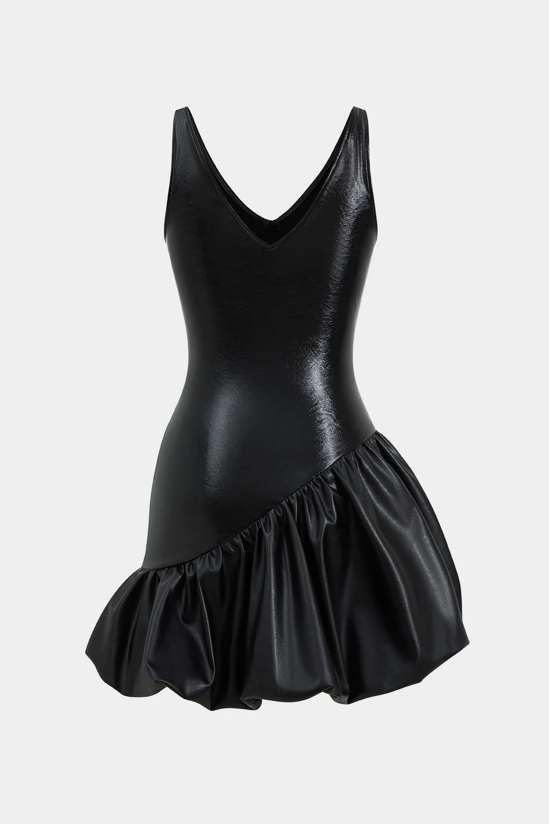 Faux Leather Ruched V-Neck Asymmetrical Mini Dress - Image 2