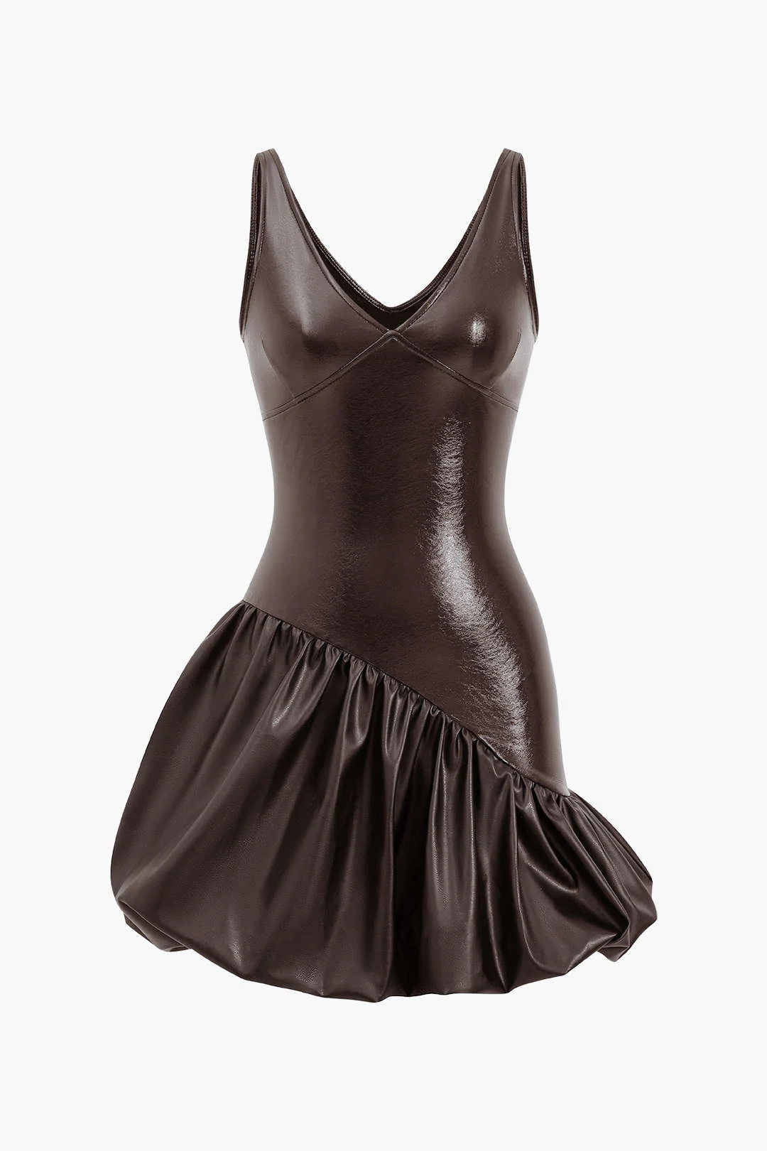 Faux Leather Ruched V-Neck Asymmetrical Mini Dress - Image 4