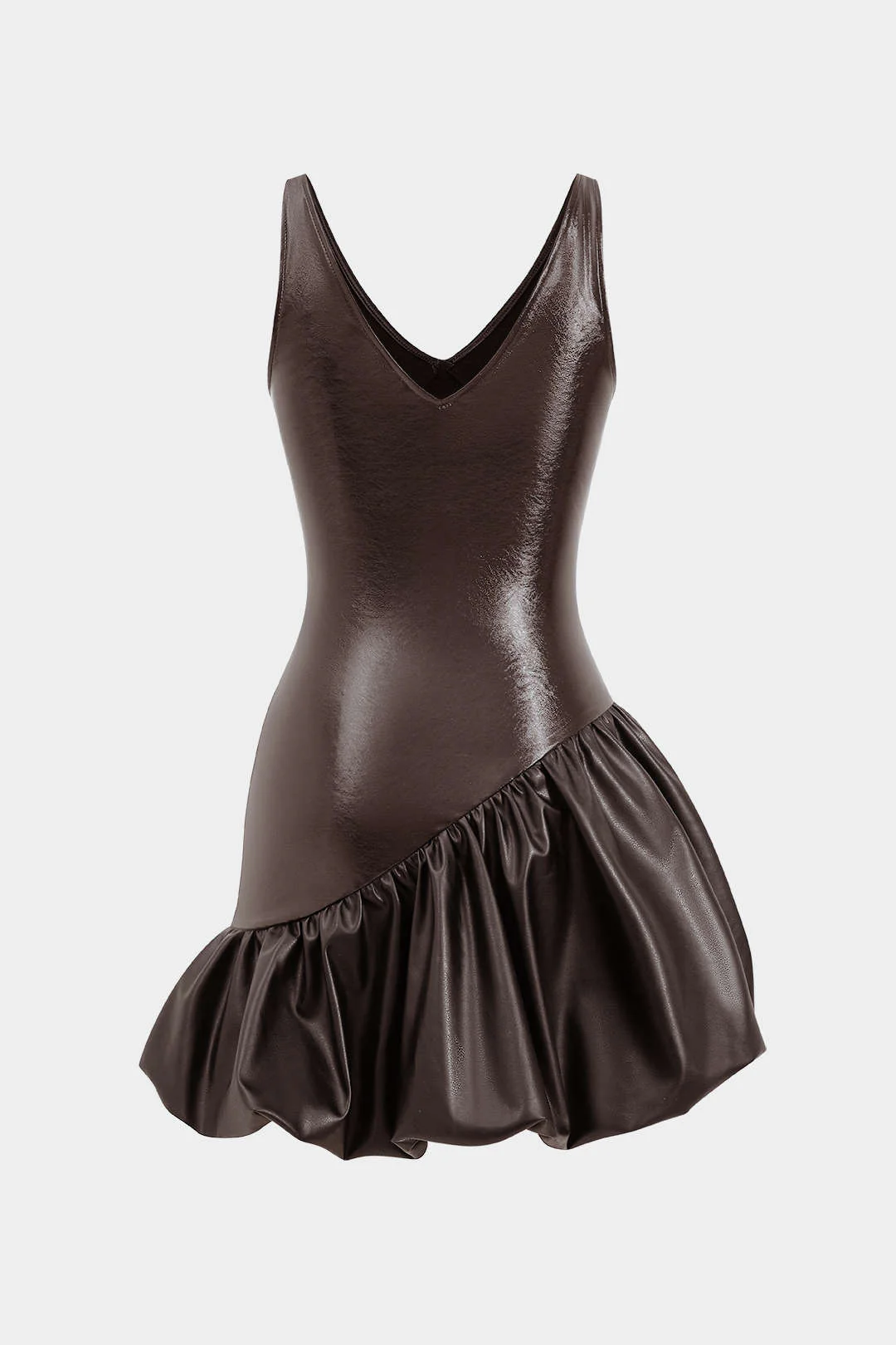 Faux Leather Ruched V-Neck Asymmetrical Mini Dress - Image 5