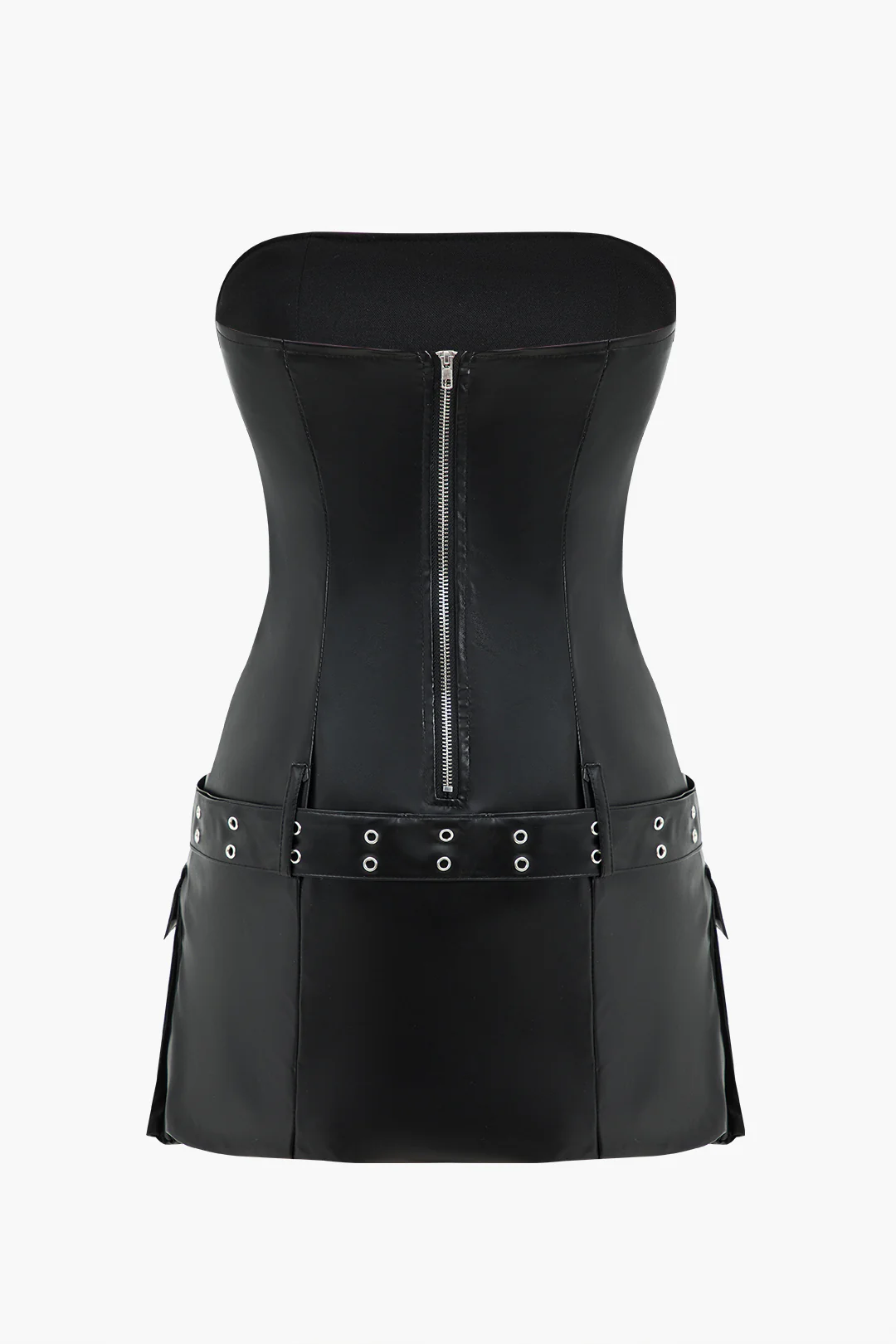 Faux Leather Strapless Pleated Belted Sleeveless Mini Dress - Image 2
