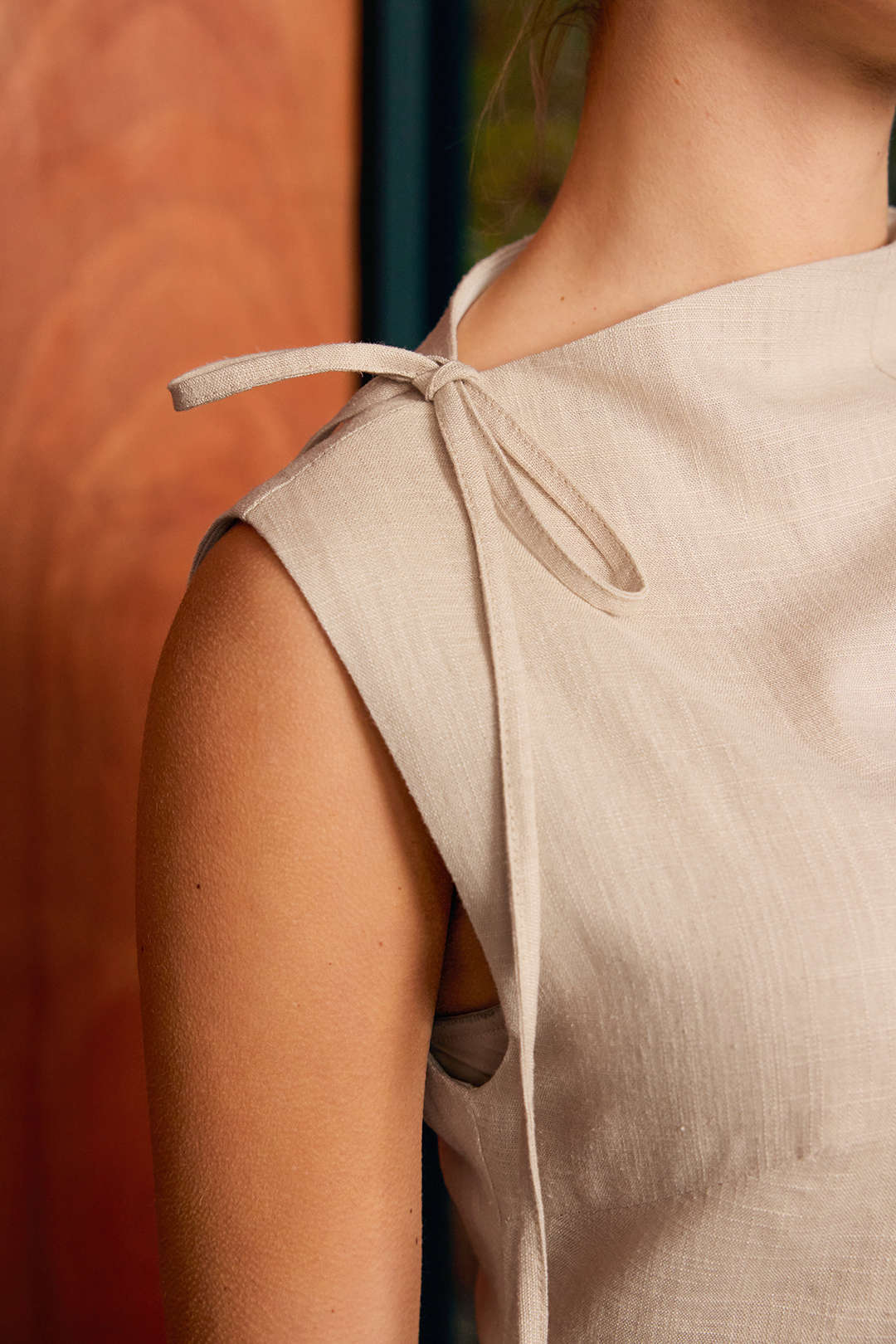 Linen Ruched Tie-Up Sleeveless Mini Dress - Image 9