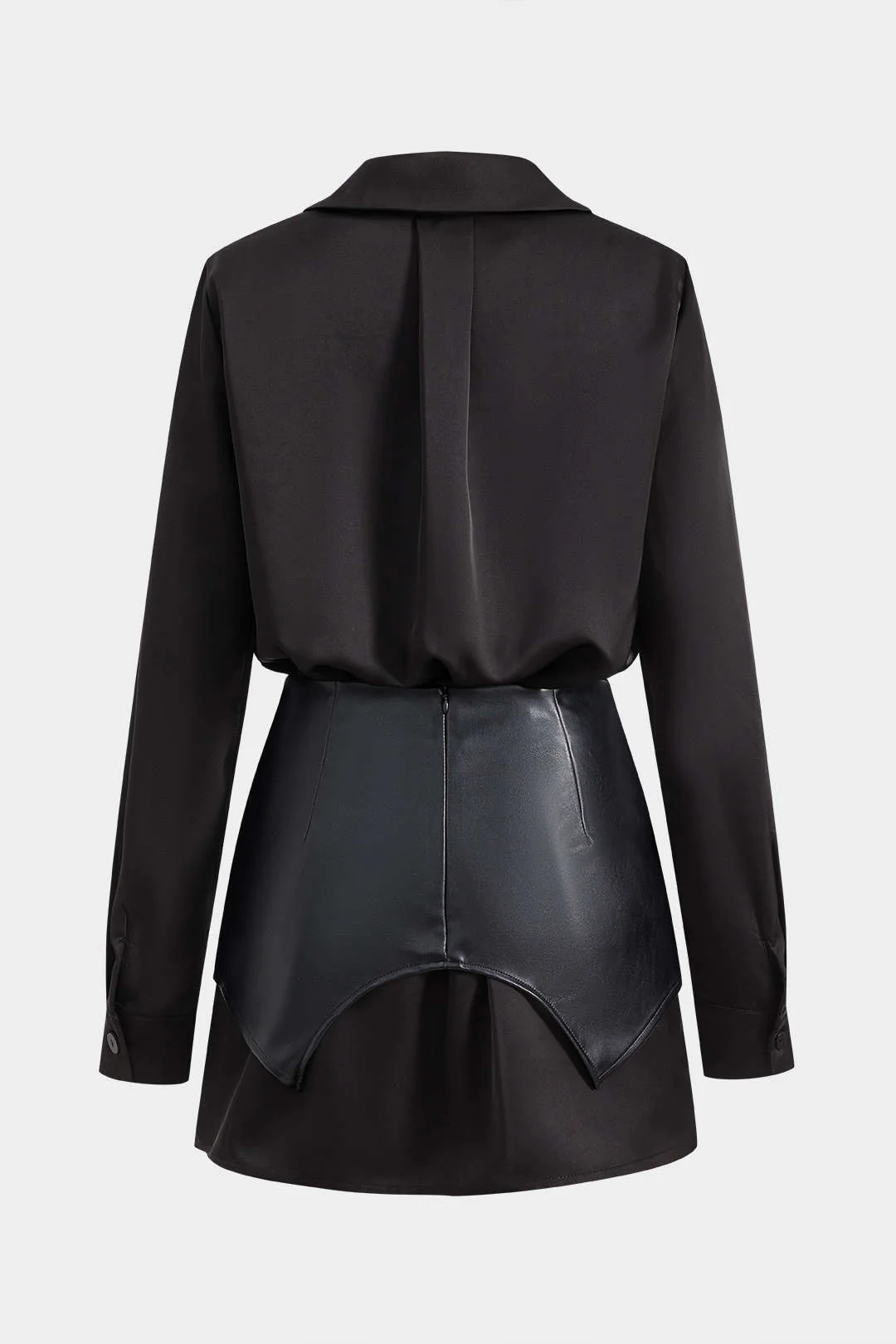 Satin Faux Leather Pocket Button Zipper Long Sleeve Mini Dress - Image 2