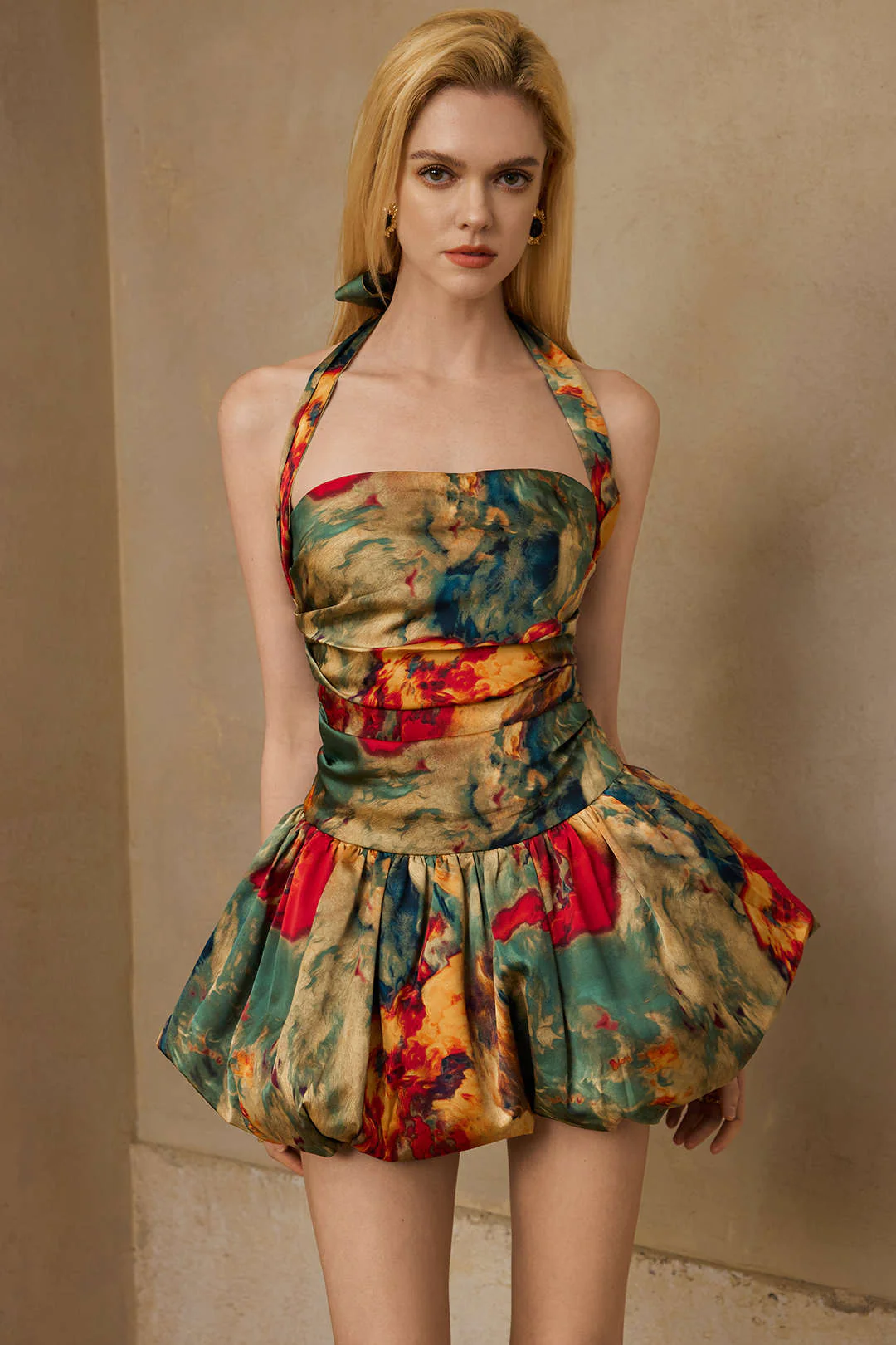 Watercolor Print Satin Ruched Backless Zipper Tie Up Mini Dress - Image 6