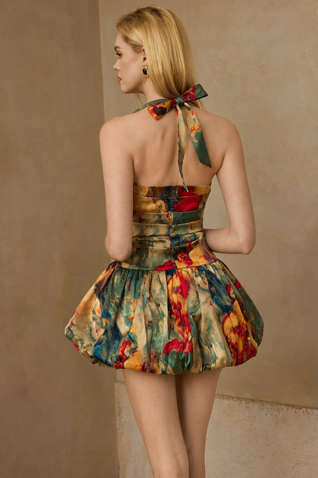 Watercolor Print Satin Ruched Backless Zipper Tie Up Mini Dress - Image 7
