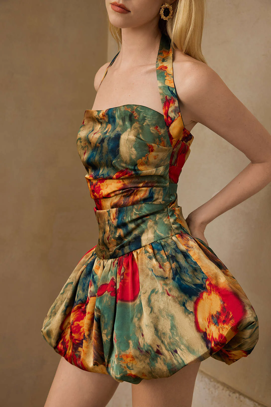 Watercolor Print Satin Ruched Backless Zipper Tie Up Mini Dress - Image 8