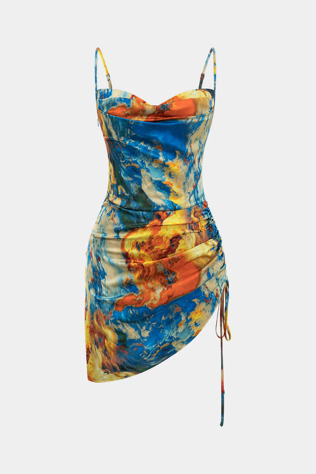 Watercolor Print Satin Ruched Drawstring Slip Mini Dress - Image 11