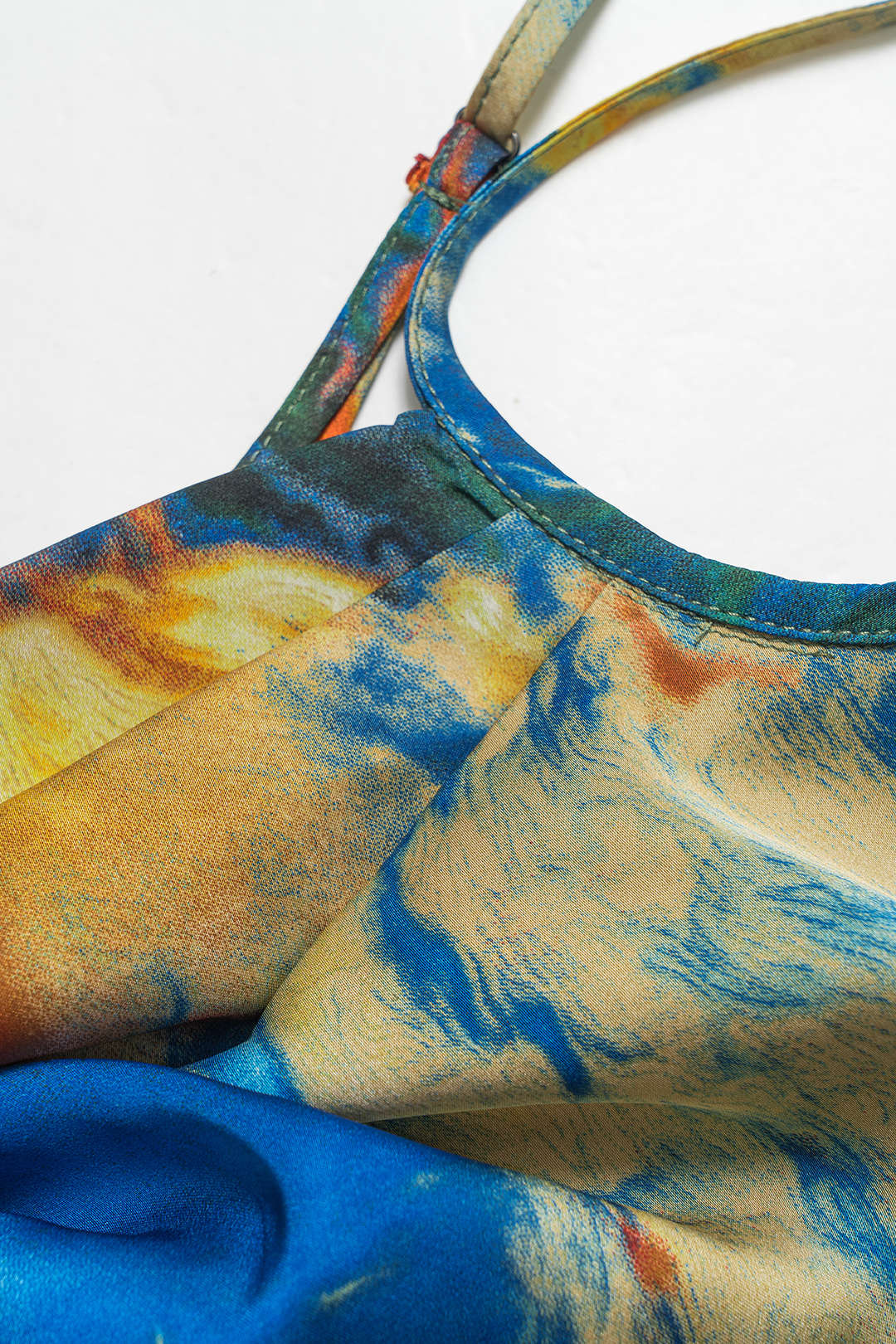 Watercolor Print Satin Ruched Drawstring Slip Mini Dress - Image 14