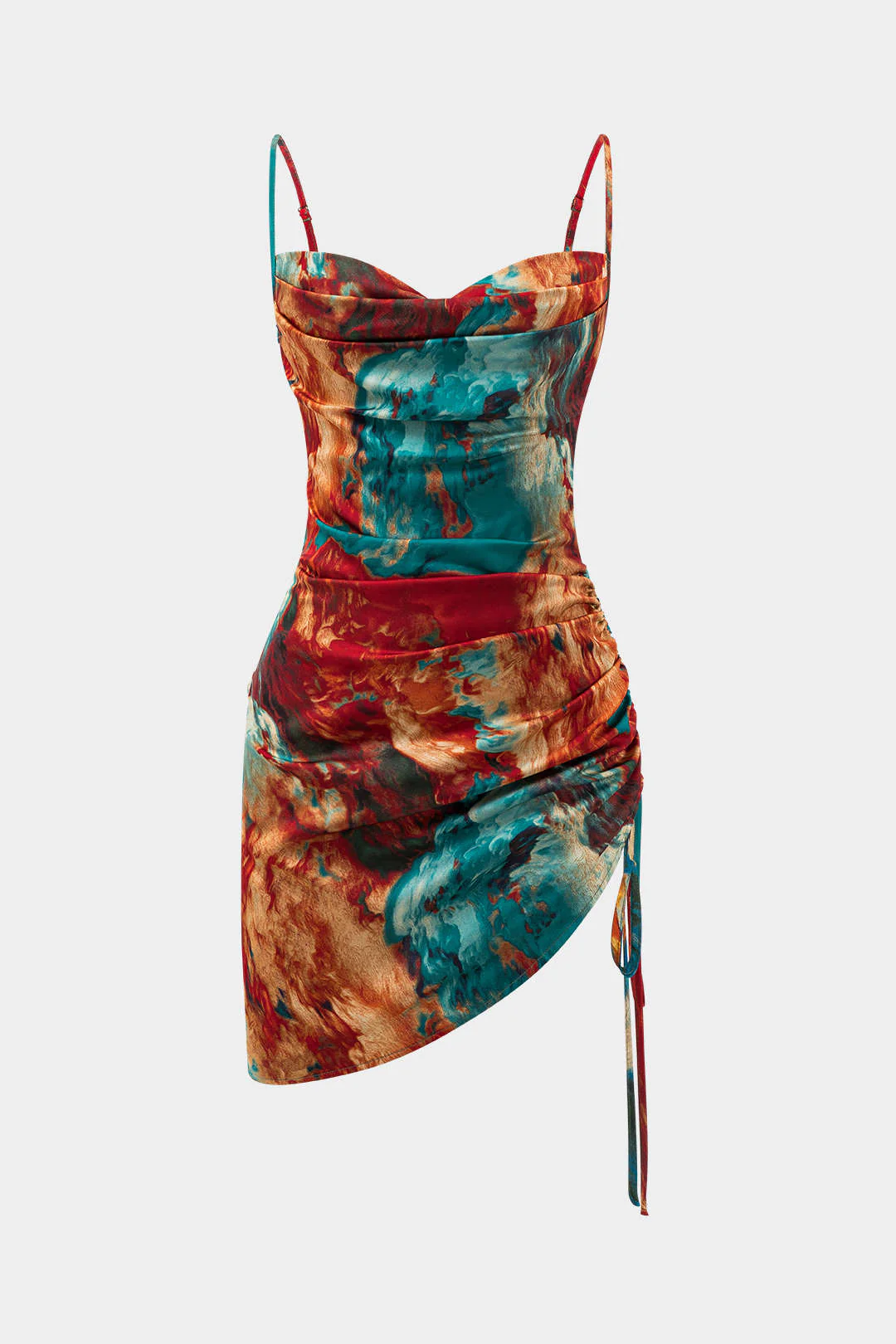Watercolor Print Satin Ruched Drawstring Slip Mini Dress - Image 6