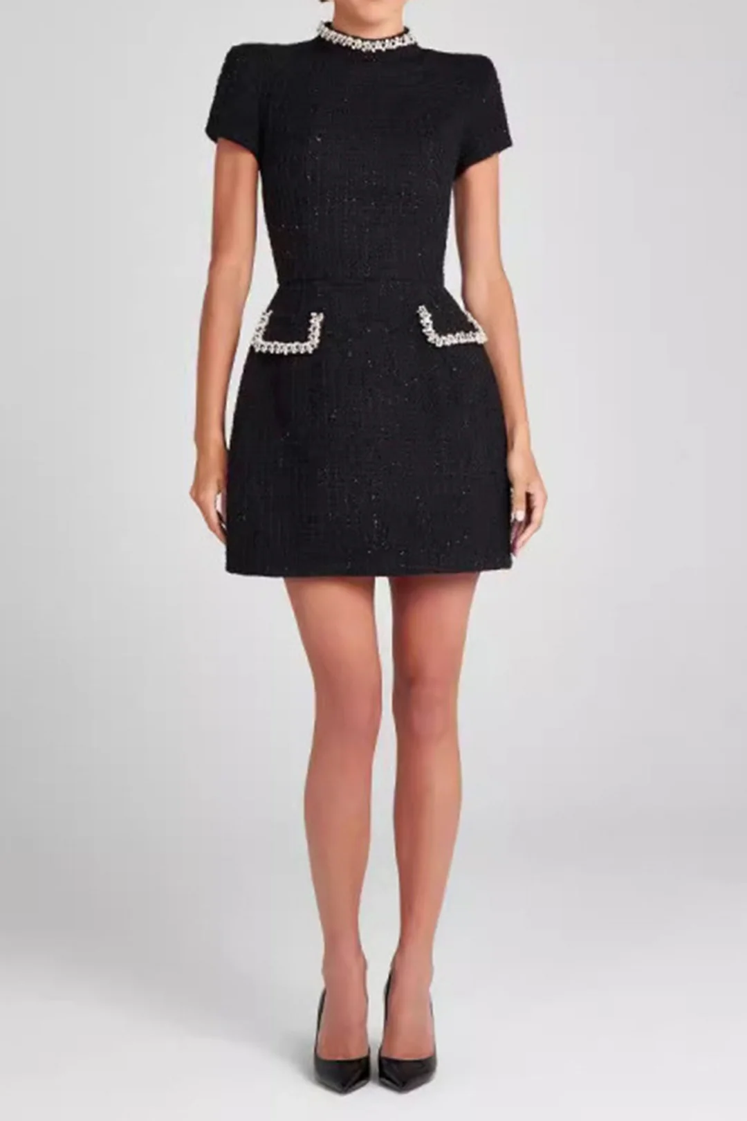 Bead Fake Pocket Zippper Short Sleeve Mini Dress - Image 7