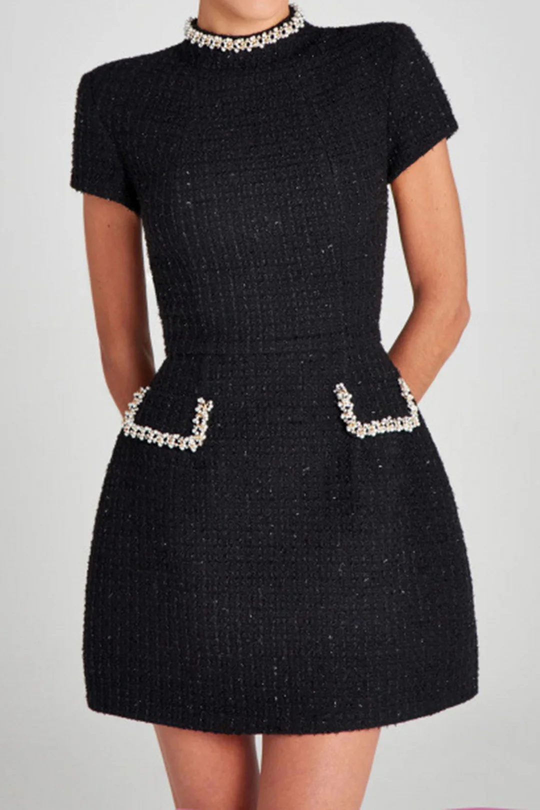 Bead Fake Pocket Zippper Short Sleeve Mini Dress - Image 9