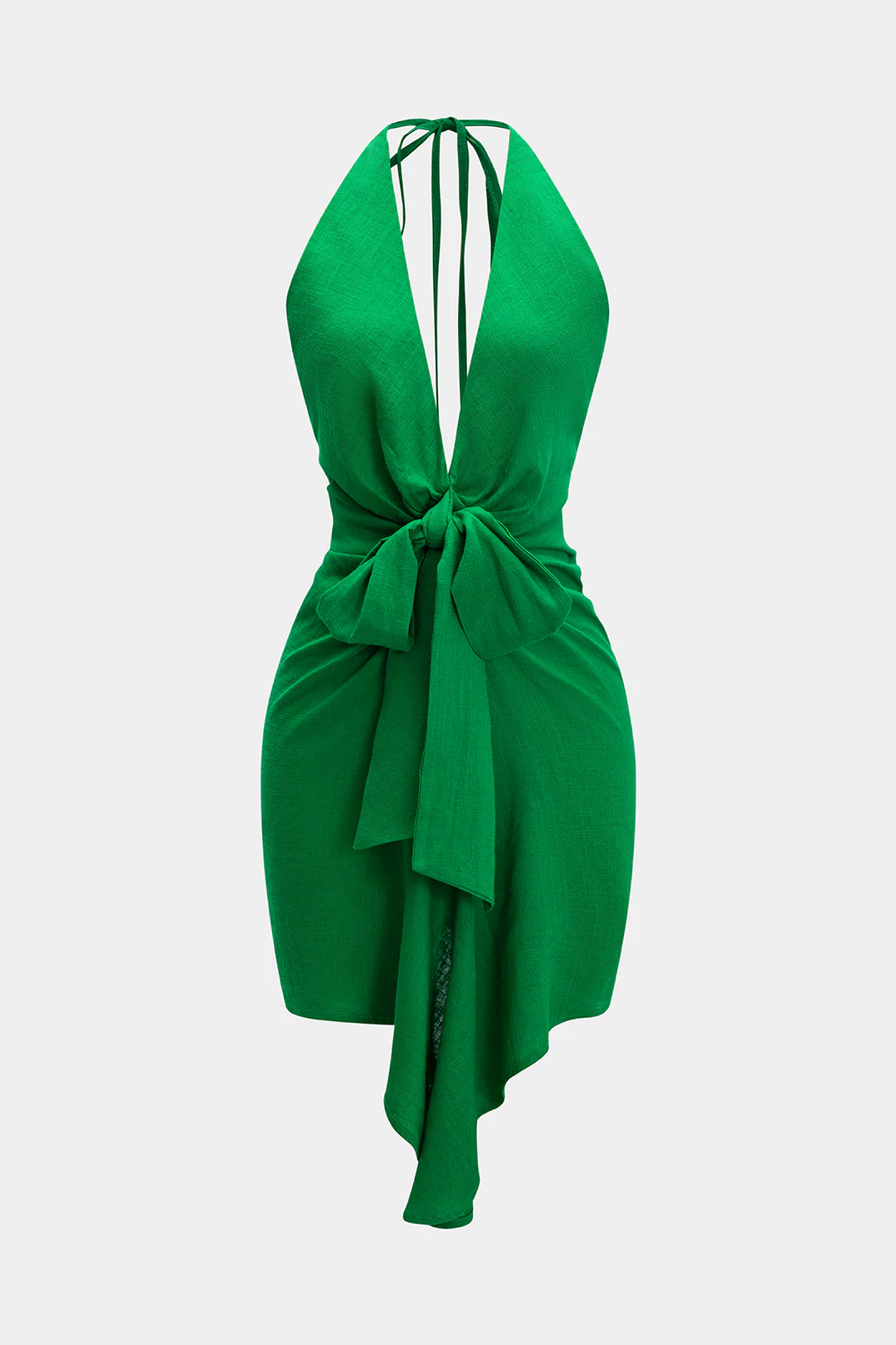 Linen Tie Front V-Neck Halter Neck Ruched Backless Sleeveless Mini Dress - Image 2