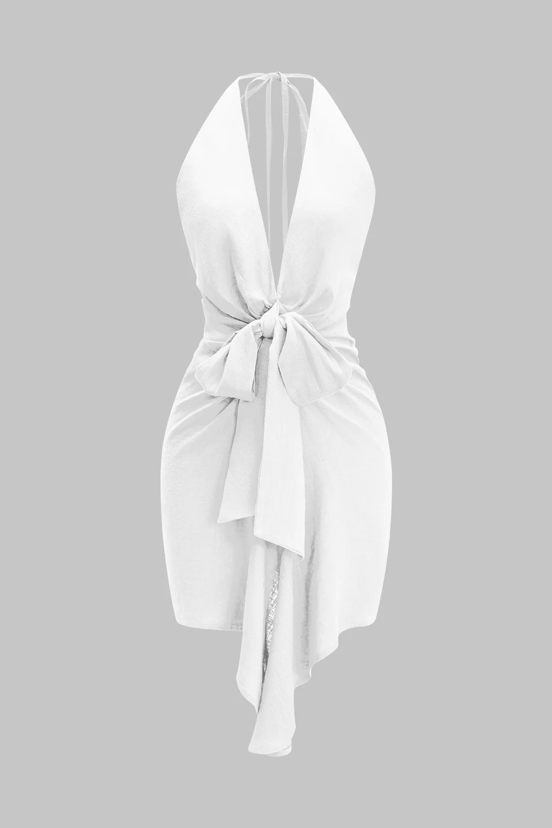 Linen Tie Front V-Neck Halter Neck Ruched Backless Sleeveless Mini Dress - Image 7