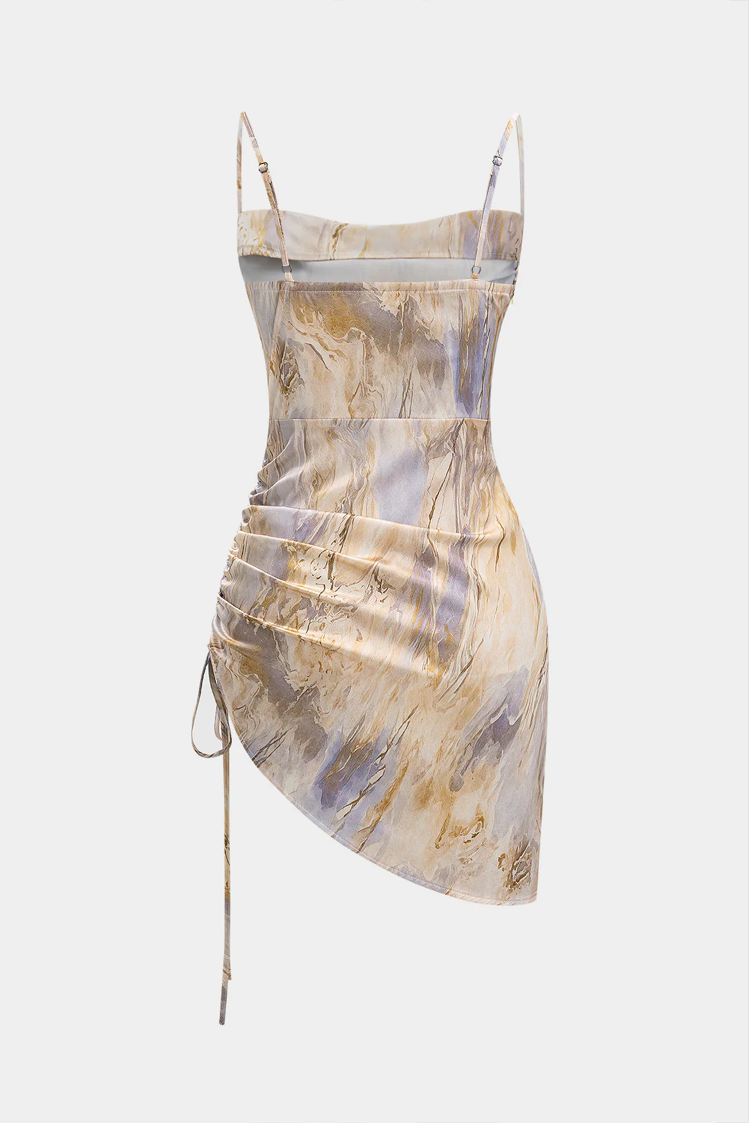Marble Print Satin Ruched Drawstring Asymmetrical Sleeveless Mini Dress - Image 2