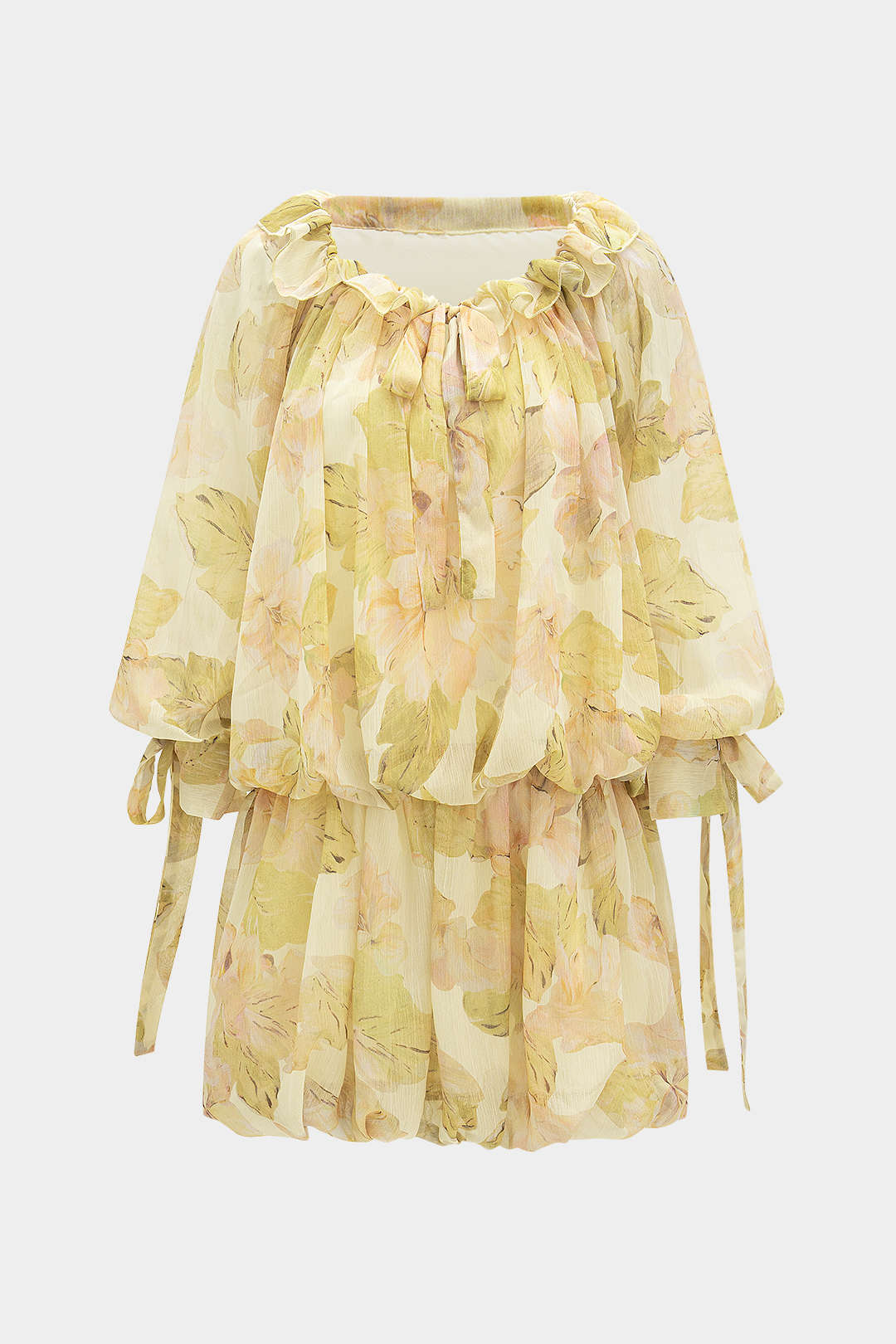 Mesh Floral Print Off Shoulder Ruffle Long-Sleeve Mini Dress