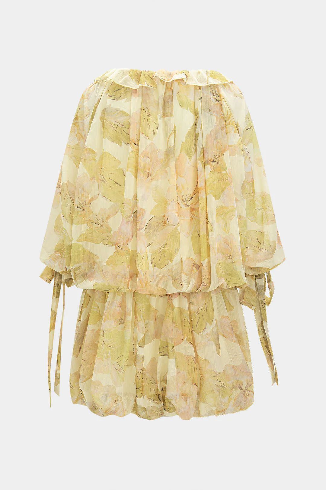Mesh Floral Print Off Shoulder Ruffle Long-Sleeve Mini Dress - Image 2