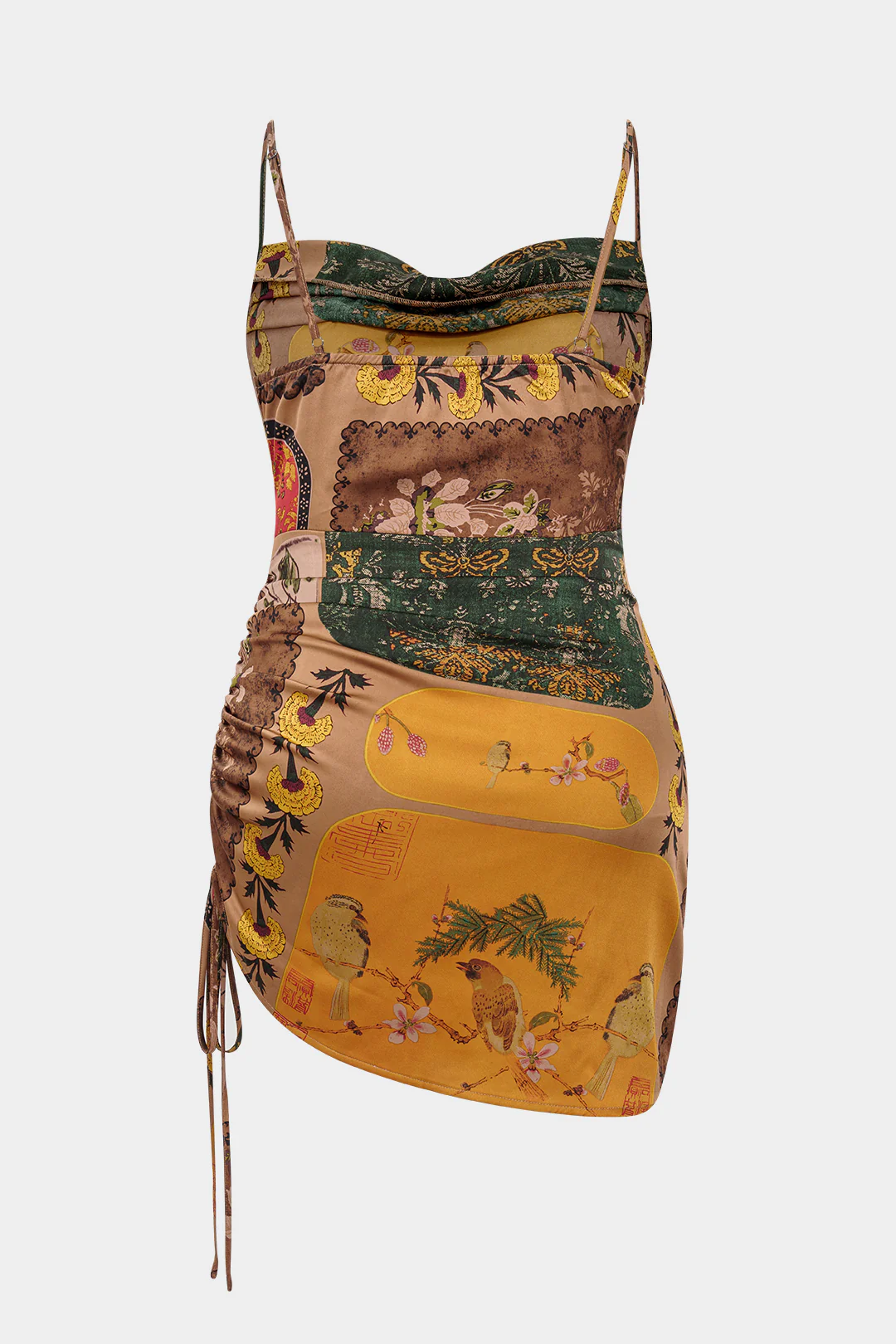 Plus Size Bohemian Print Cowl Neck Ruched Sleeveless Mini Dress - Image 2