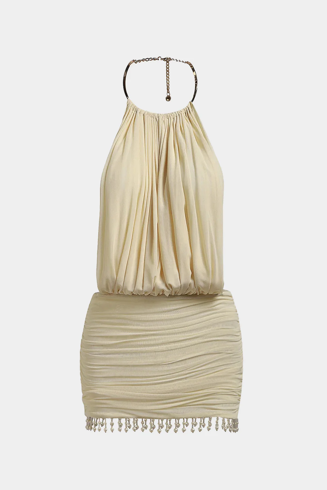 Mesh Halter Neck Pearl Decor Ruched Sleeveless Mini Dress