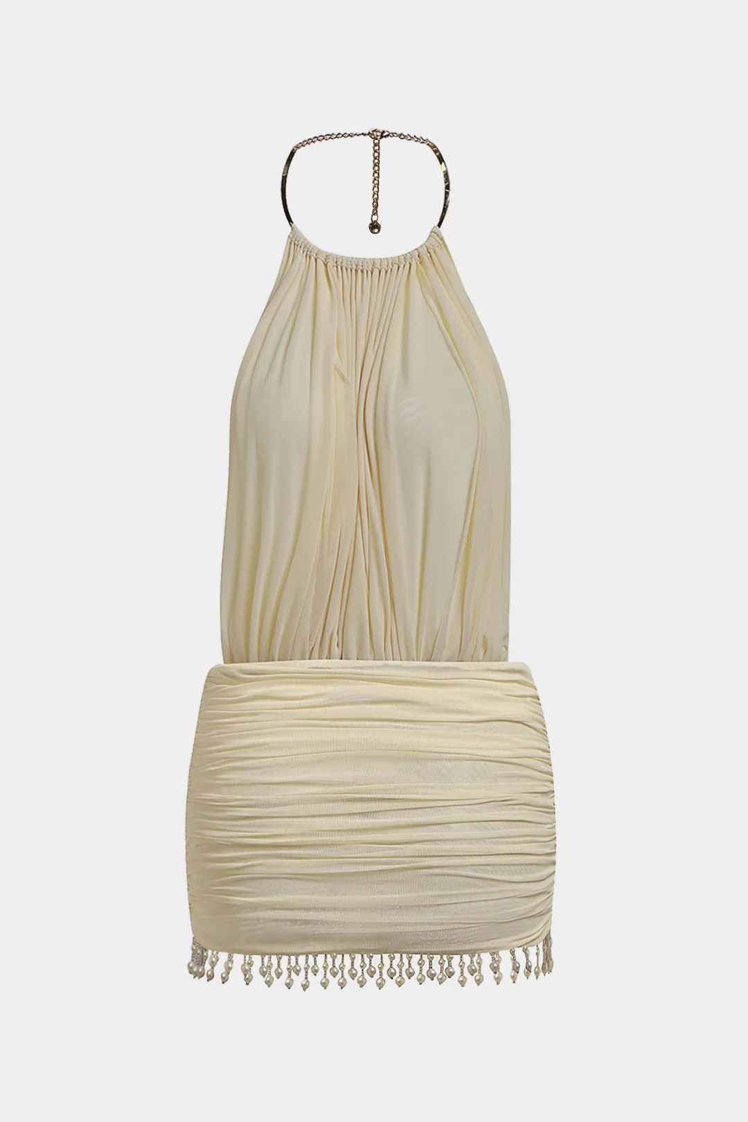 Mesh Halter Neck Pearl Decor Ruched Sleeveless Mini Dress - Image 2