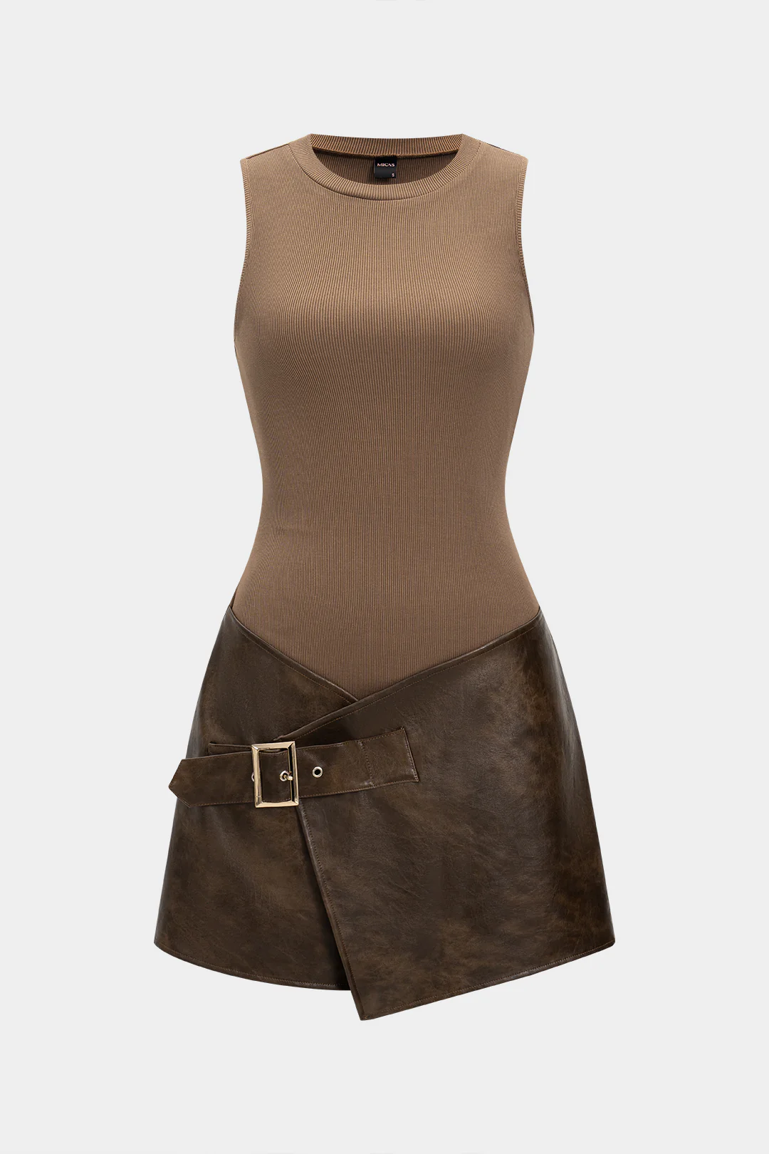 Faux Leather Patchwork Asymmetrical Sleeveless Mini Dress