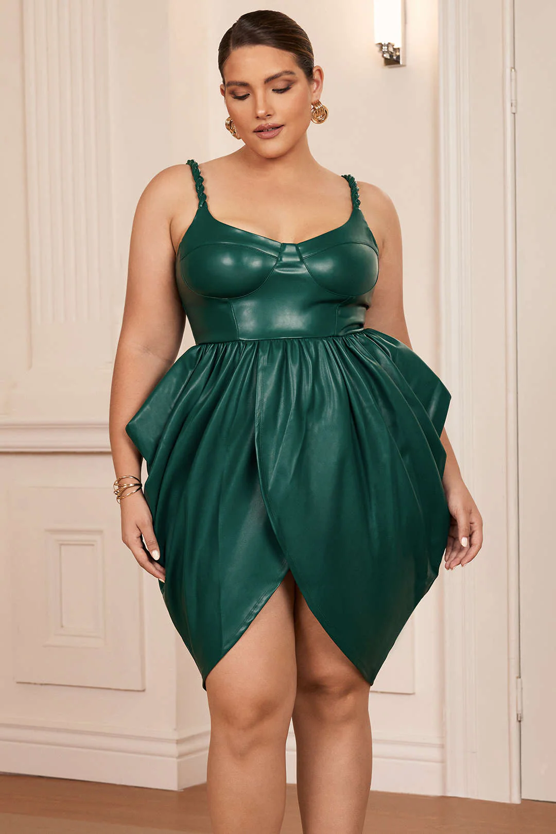 Plus Size Faux Leather Zipper Ruched Twist Knot Slip Sleeveless Mini Dress - Image 6