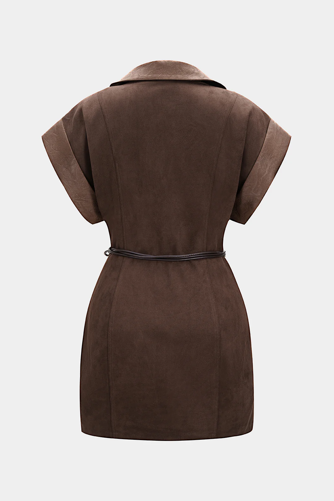 Faux Leather Suede V-Neck Patchwork Belted Sleeveless Mini Dress - Image 2