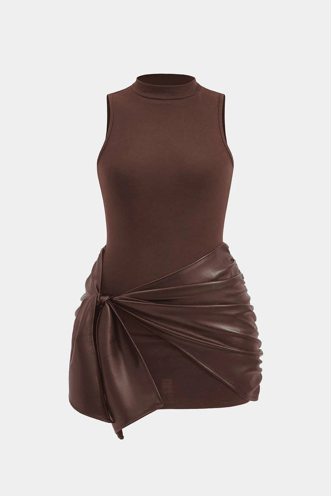 Plus Size Faux Leather Patchwork Tie Front Sleeveless Mini Dress - Image 10