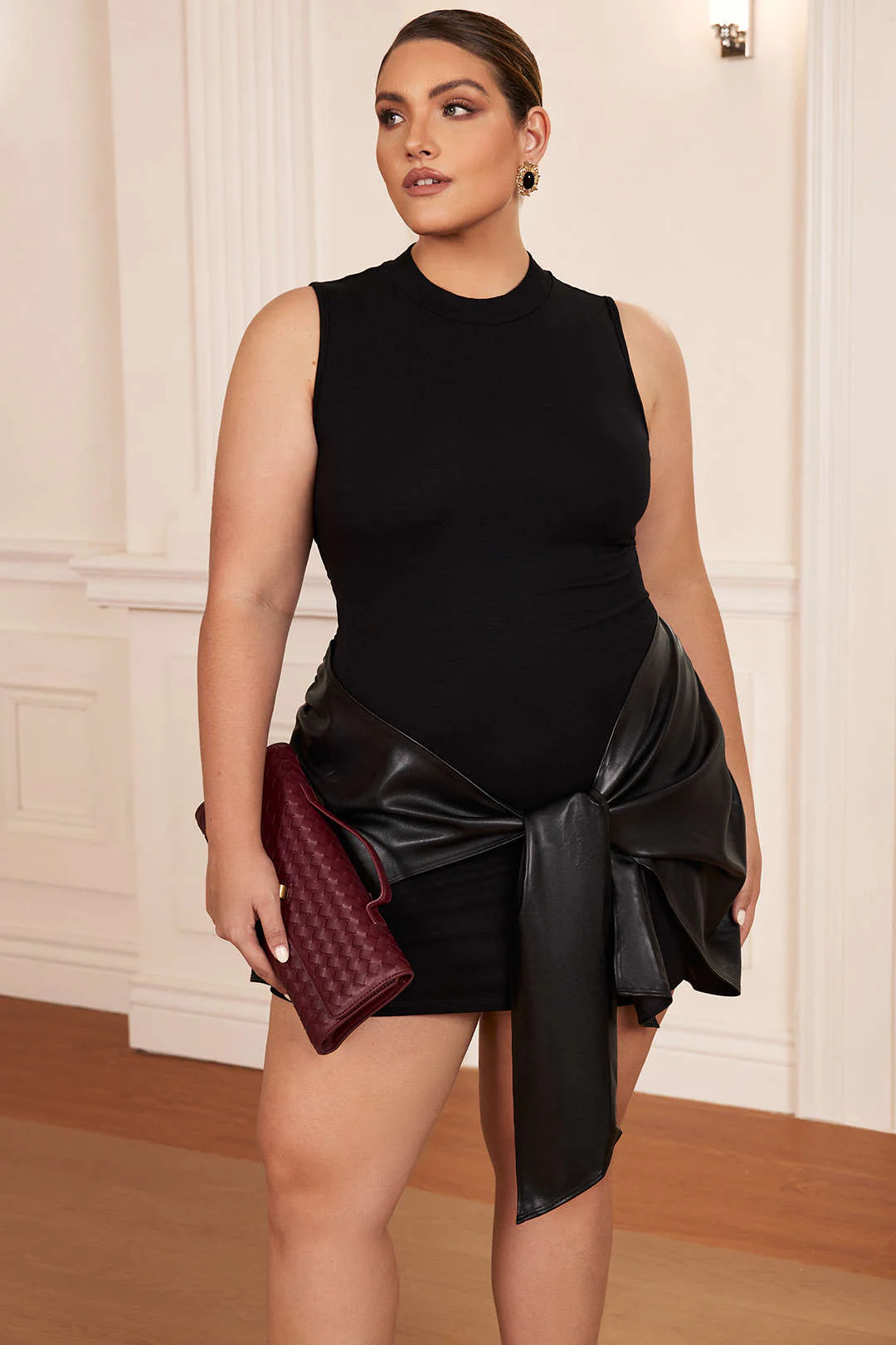 Plus Size Faux Leather Patchwork Tie Front Sleeveless Mini Dress - Image 4