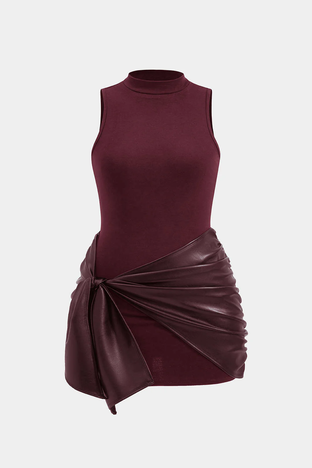 Plus Size Faux Leather Patchwork Tie Front Sleeveless Mini Dress - Image 9
