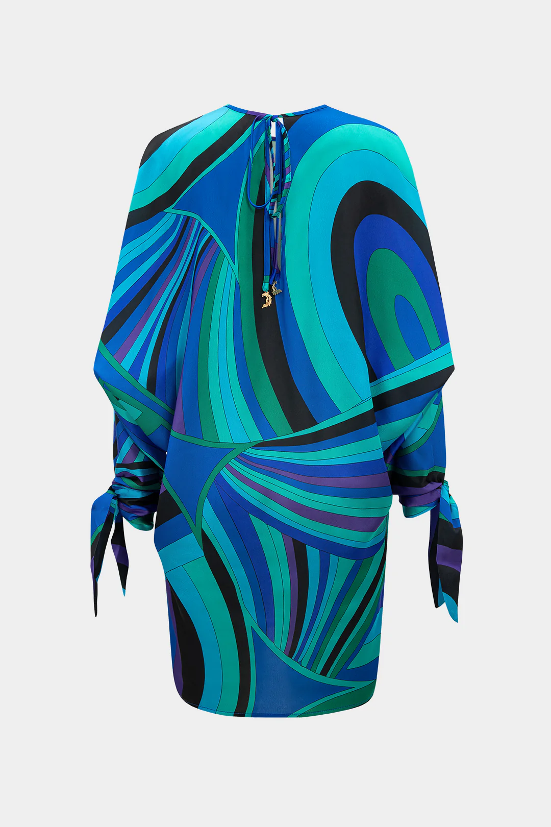 Abstract Color Block Print Tie-Up Long Sleeve Mini Dress - Image 3