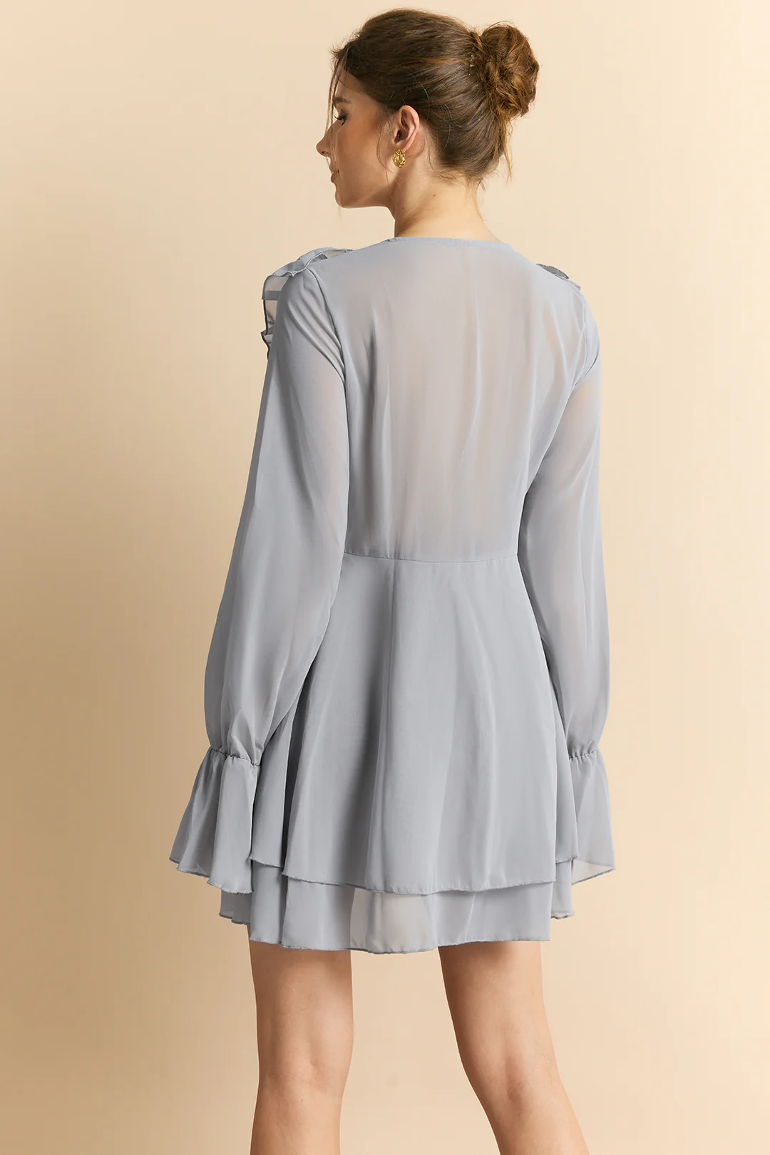 Chiffon Ruffle Tie-Up Bell Sleeve V-Neck Long Sleeve Mini Dress - Image 2