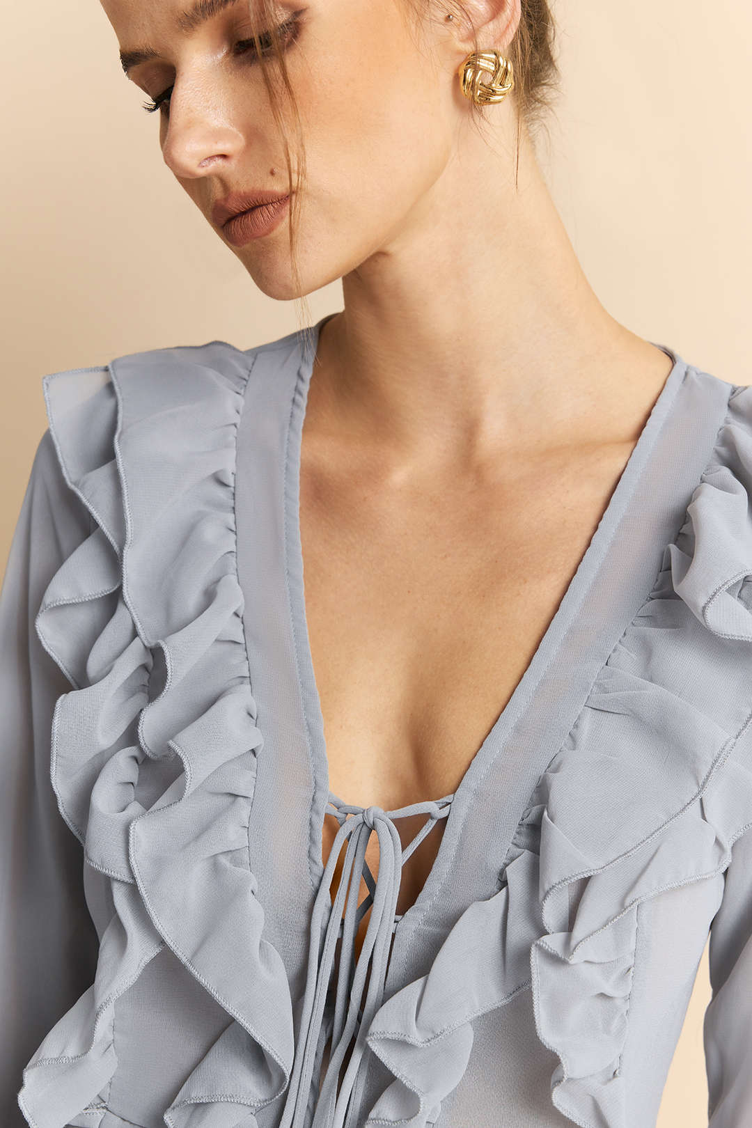 Chiffon Ruffle Tie-Up Bell Sleeve V-Neck Long Sleeve Mini Dress - Image 4