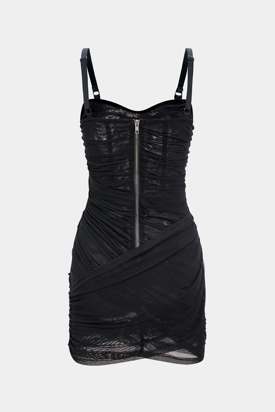 Asymmetrical Ruched Mesh Sleeveless Mini Dress - Image 2