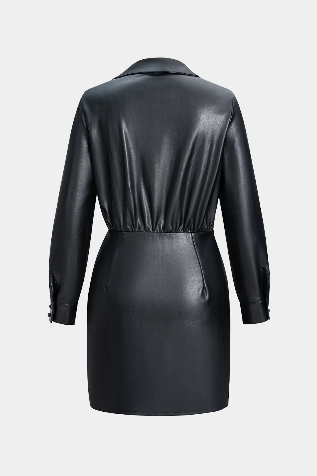 Faux Leather V-Neck Ruched Long Sleeve Mini Dress - Image 2