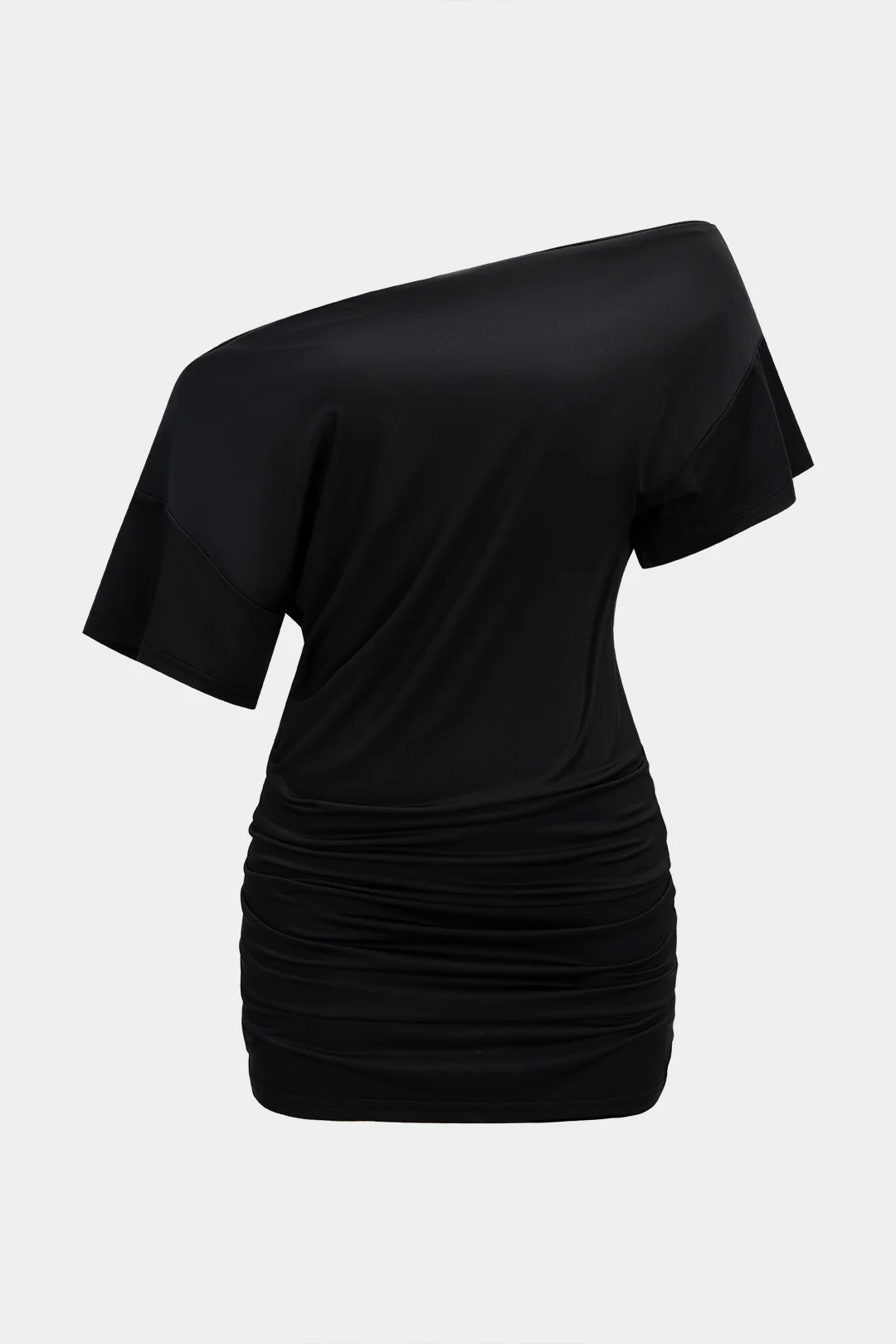 Solid One Shoulder Ruched Short Sleeve Mini Dress - Image 2