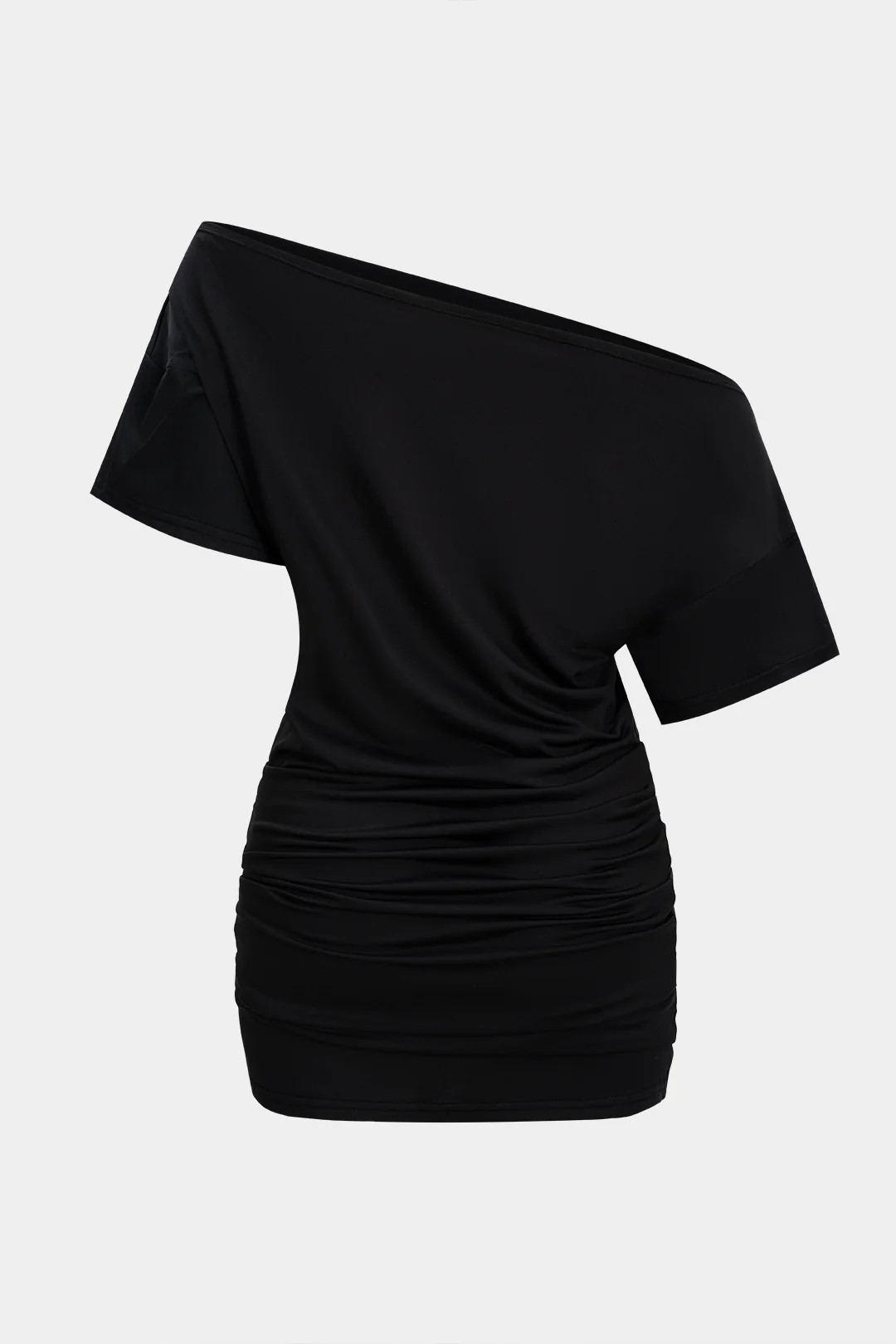 Solid One Shoulder Ruched Short Sleeve Mini Dress - Image 3