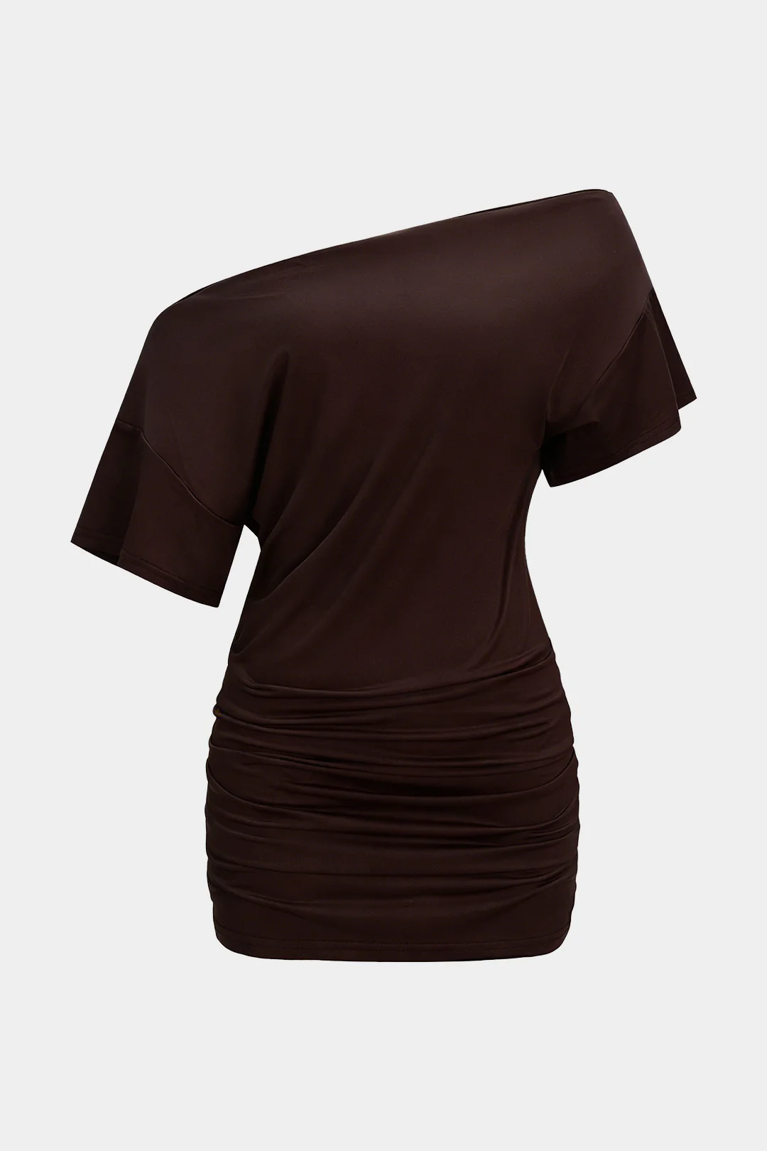 Solid One Shoulder Ruched Short Sleeve Mini Dress - Image 6