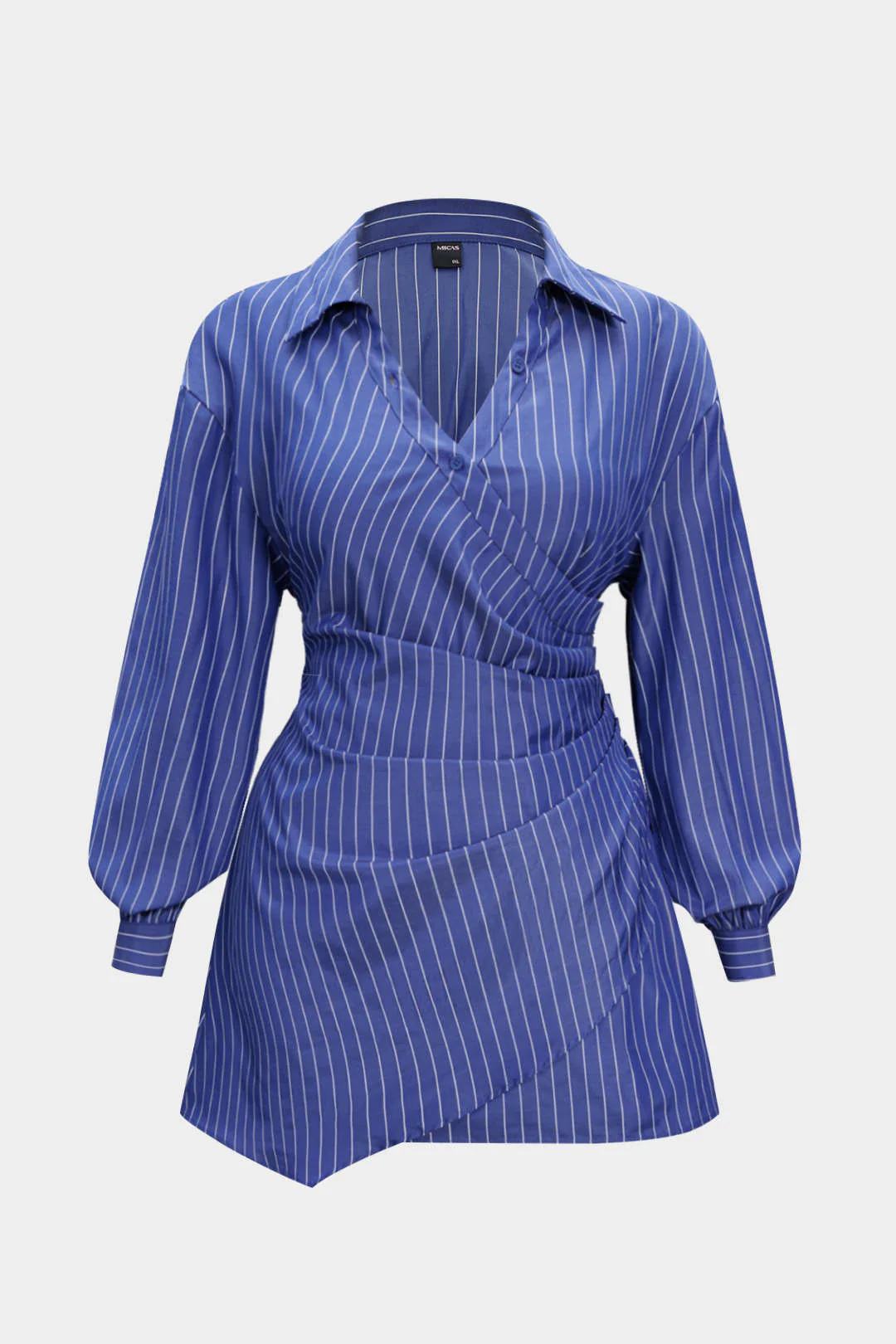 Plus Size Stripes Print Crossed Ruched Smocked Long Sleeve Mini Dress