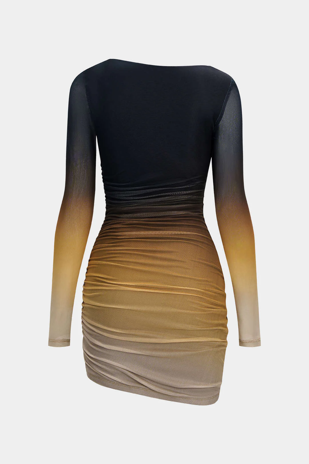 Mesh Colorblock Print Asymmetrical Ruched Long-Sleeve Mini Dress - Image 2