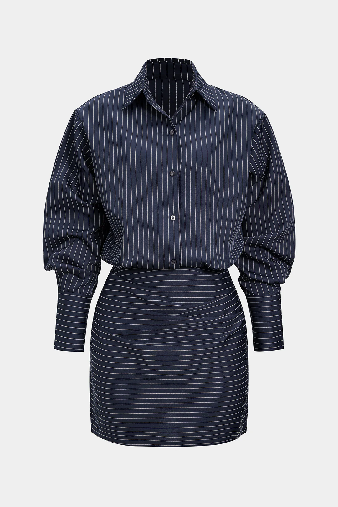 Stripes Print Pleated Ruched Shoulder Pads Long Sleeve Mini Dress - Image 3