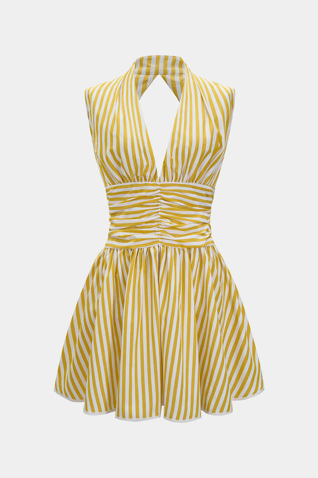 Stripes Print Halter Neck Shirred Backless Sleeveless Mini Dress