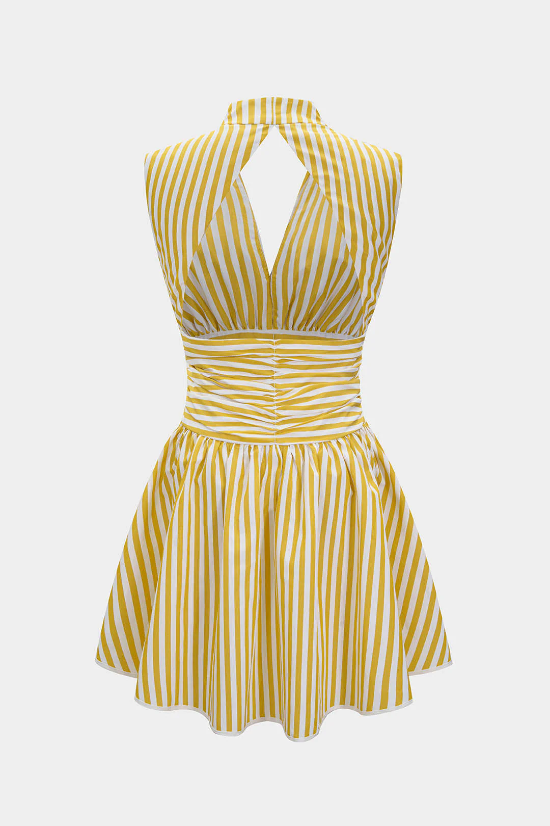 Stripes Print Halter Neck Shirred Backless Sleeveless Mini Dress - Image 2